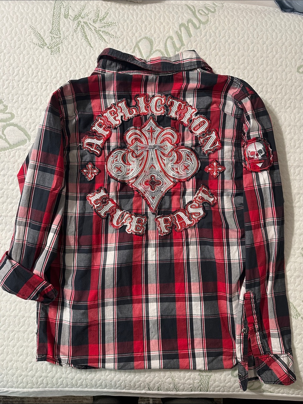 Affliction Red, Black & White Plaid Western Shirt with Embroidery